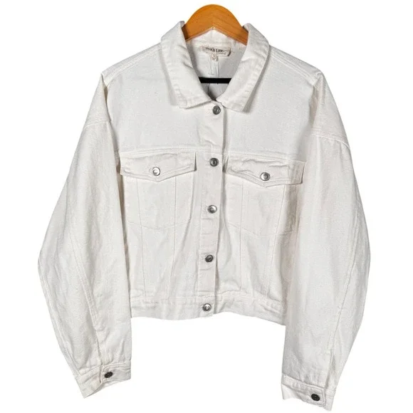 Peach Love California Bride Denim Jacket Womens L White Sequin Fringe Cropped - Picture 2 of 11